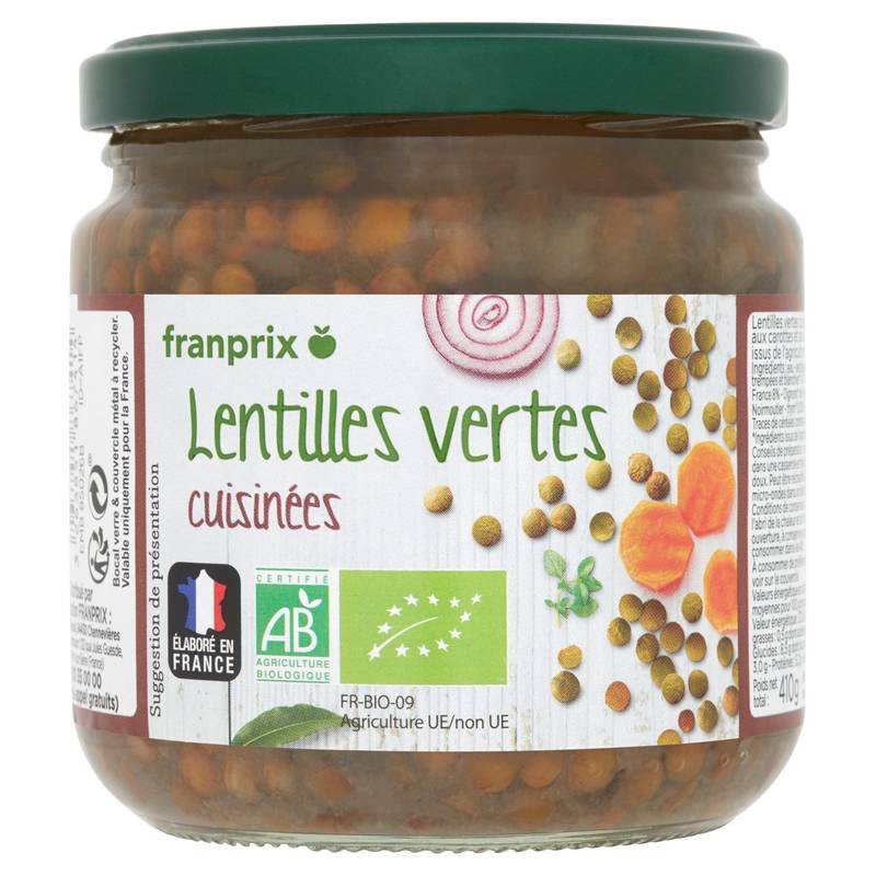 Lentilles vertes cuisinées Bio franprix bio 410g