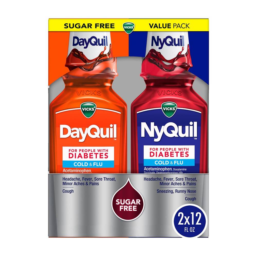 Vicks Dayquil & Nyquil Cold & Flu Sugar Free Relief Liquid Combo For Diabetes (12 fl oz, 2 ct)