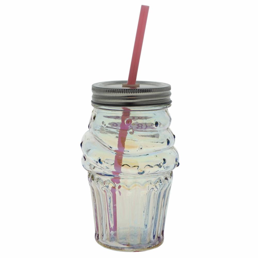 Cupcake Shape Drinking Glass Jar W/Straw