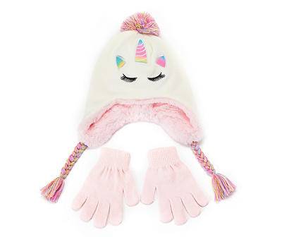 White & Pink Unicorn Earflap Beanie & Gloves Set