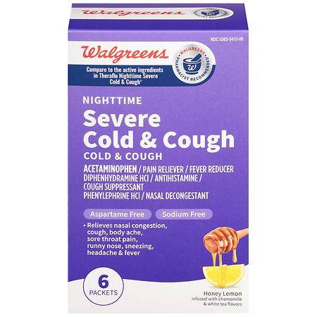 Walgreens Nighttime Severe Cold & Cough Packets Honey Lemon Infused with Chamomile & White Tea - 6.0 ea