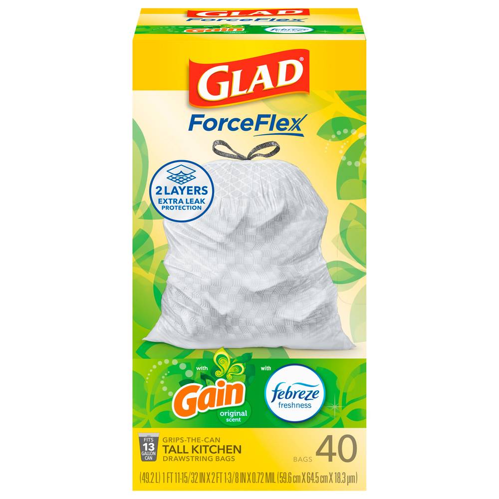 Glad Forceflex Drawstring Tall Gain Original Scent Kitchen Bags (40 ct )