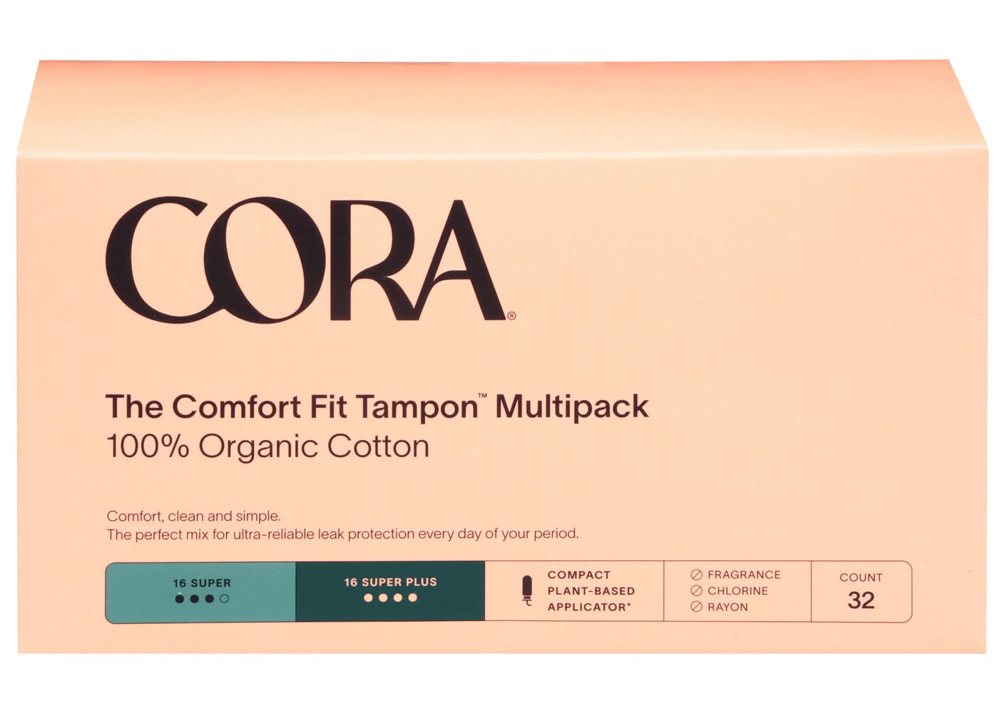 Cora 100% Organic Cotton the Comfort Fit Tampon Multipack (32 ct)