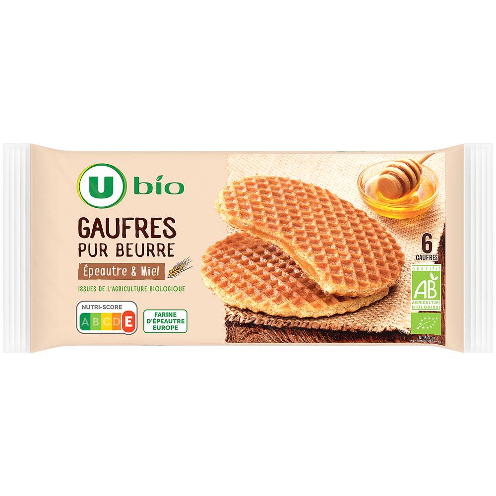 Les Produits U - Les prodits u - gaufre au miel et à la farine d'épeautre bio (6 unités)