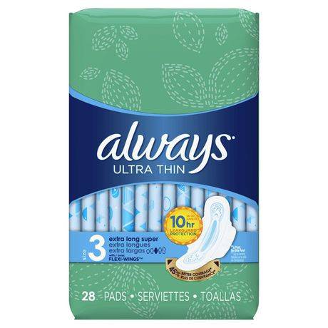 Always serviettes always ultra thin, extra longues super avec ailes, taille 3, non parfumées (non parfumées, 28 serviettes) - ultra thin size 3 extra long super pads with wings unscented (28 pieces)