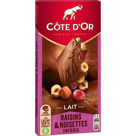 Chocolat au lait aux raisins et noisettes entières COTE D'OR - La tablette de 180 g