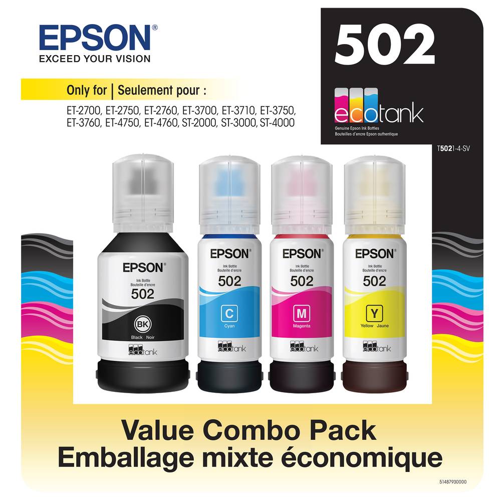 Epson T502 Ecotank Color Combo pack Auto-Stop Ink Bottle (4 ct)