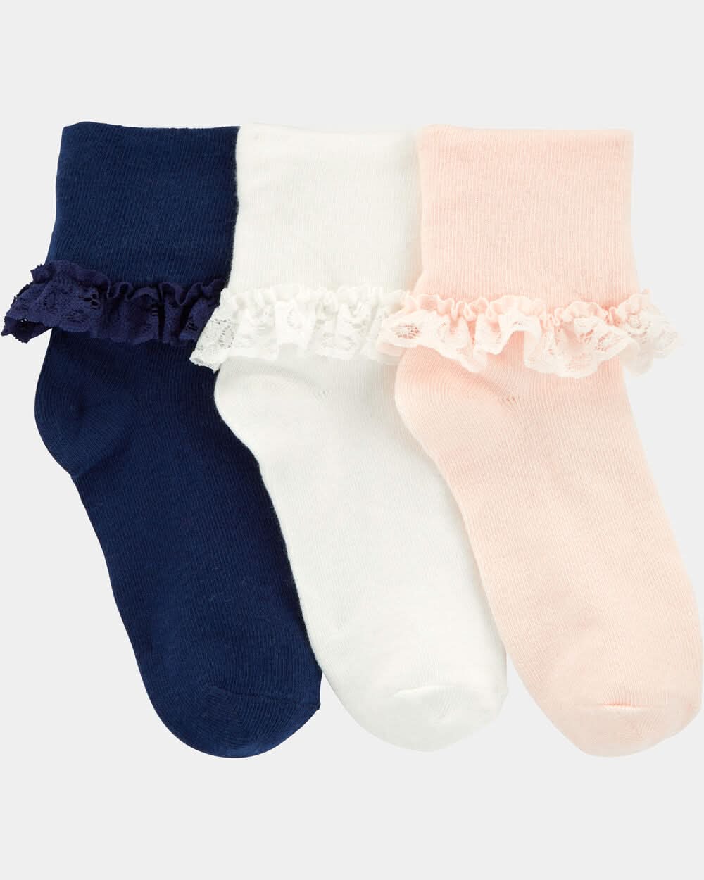 Girls 3-Pack Lace Cuff Socks - Pink/White/Navy - 4-7