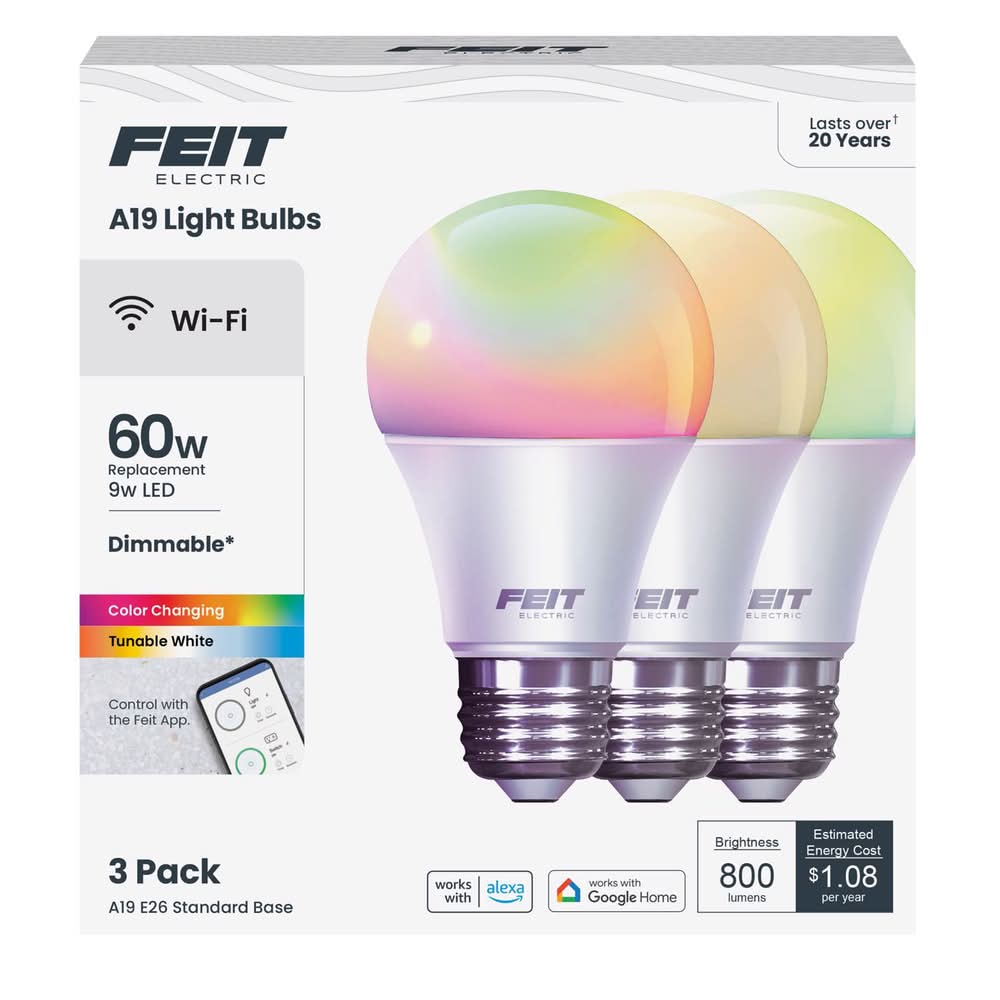Feit Smart Home A19 E26 (Medium) Smart-Enabled Led Bulb Color Changing 60 Watt Equivalence 3 Pk