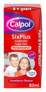 Calpol Strawberry, Six Plus Sugar Free Paracetamol Medication Suspension 6+ Years (80ml)