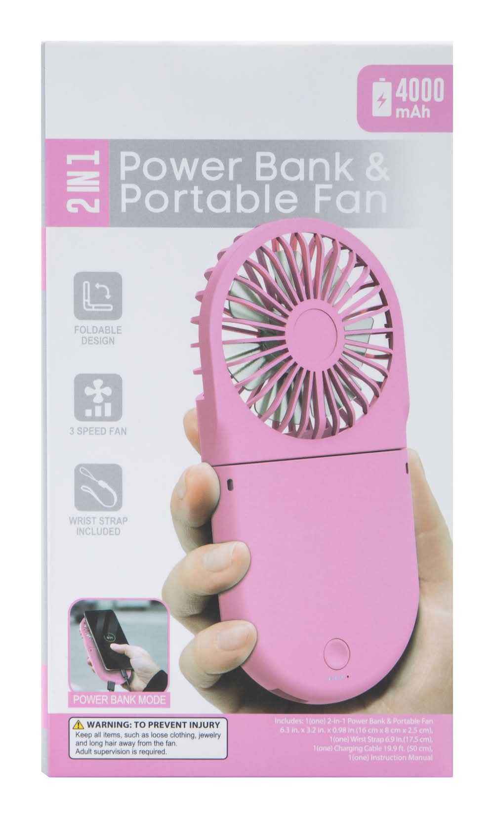 2-In-1 Power Bank and Portable Fan 4000mah, Pink