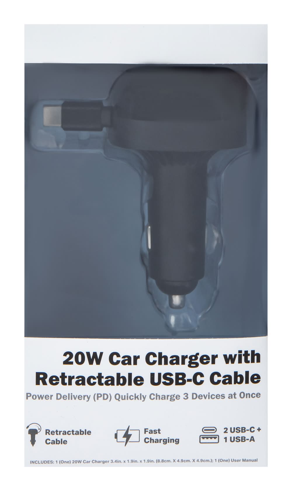 20W Car Charger With Retractable USB-C Cable Black