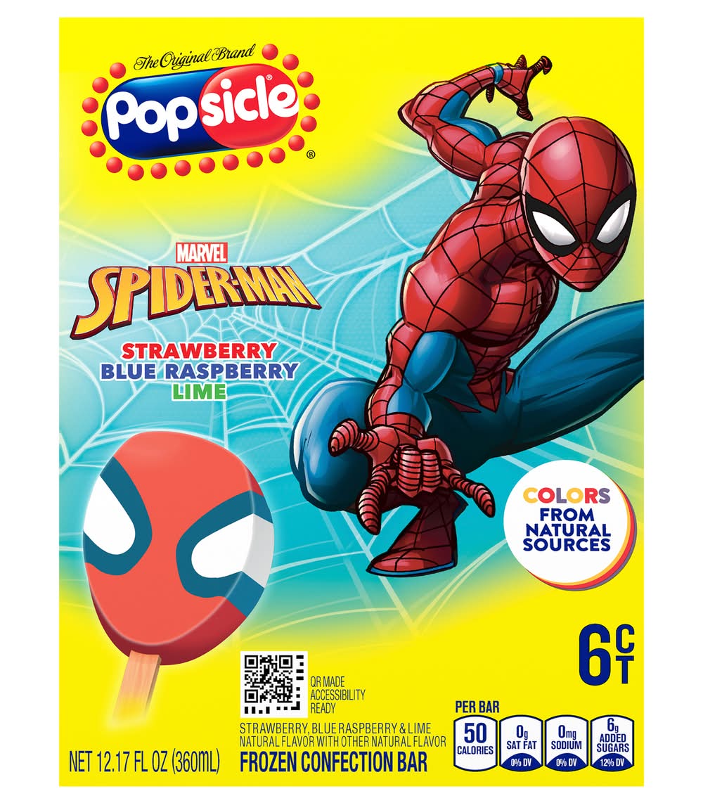 Popsicle Marvel Spiderman Frozen Confection Bars, Strawberry-Blue Raspberry-Lime (12.17 fl oz, 6 ct)