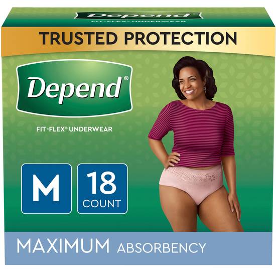 Depend FIT-FLEX Incontinence Underwear for Women, Maximum Absorbency, M, Blush, 18 Count