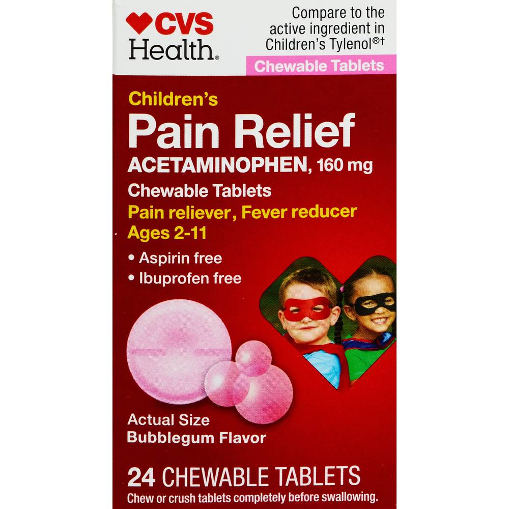 Cvs Health Children'S Acetaminophen Pain Reliever & Fever Reducer Chewable Tablets, Bubble Gum, 24 Ct