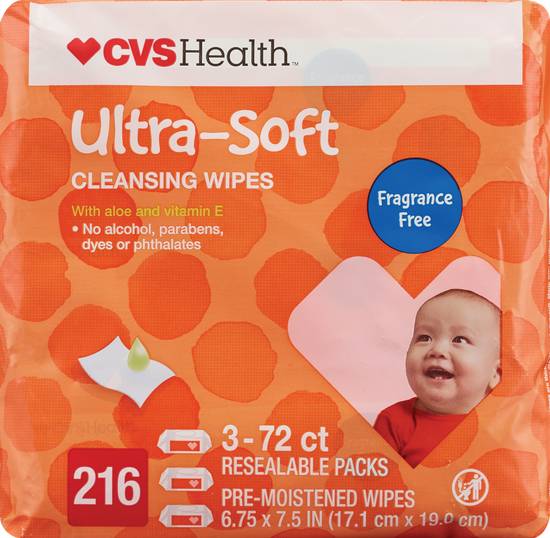 CVS Health Ultra Soft Cleansing Wipes Solo SoftPak, Unscented, 3 Pack, 216CT