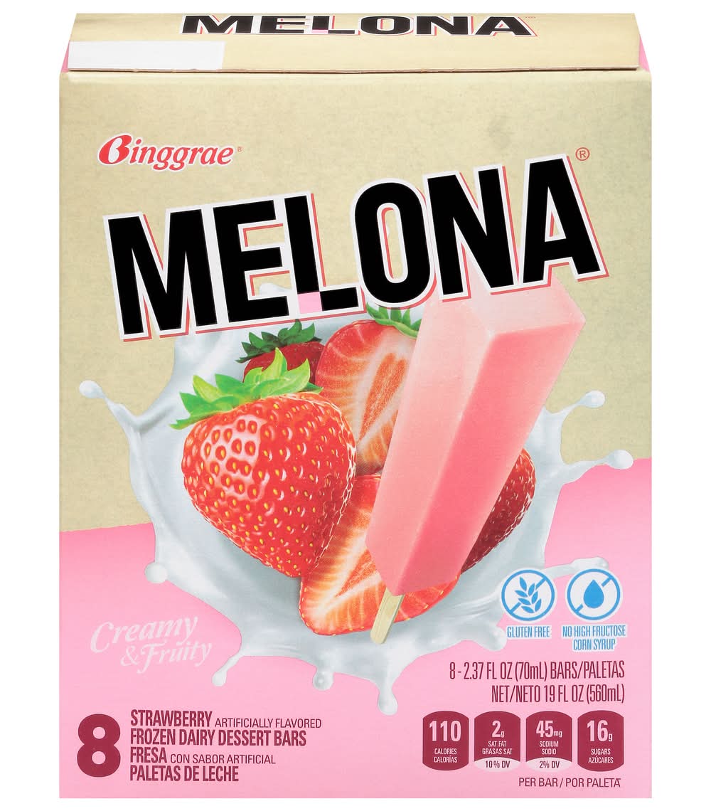 Melona Creamy & Fruity Frozen Dairy Dessert Bars, Strawberry (8 x 2.37 fl oz)