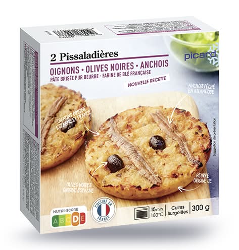 2 pissaladières oignons, olives noires, anchois