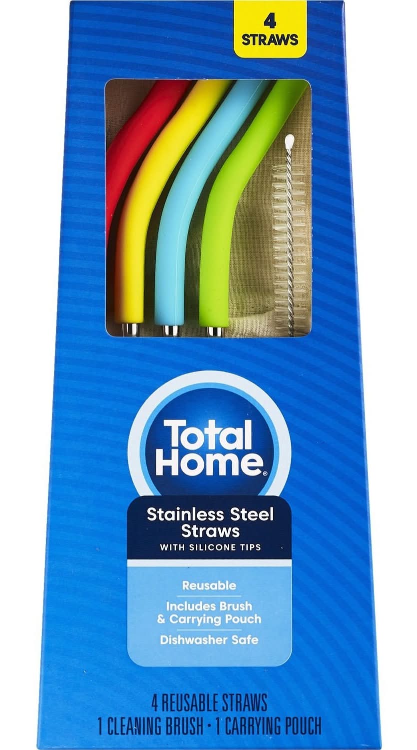 Total Home Stainless Steel Straws With Silicone Tips and Cleaning Brush (4 ct)