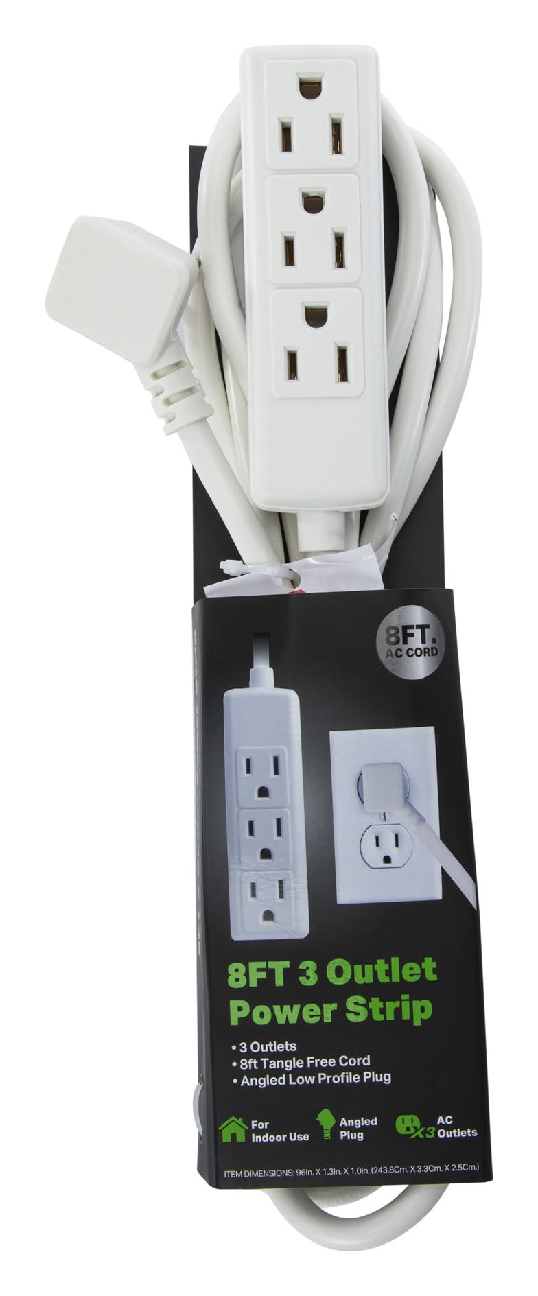 8ft Power Strip With 3 Outlets White