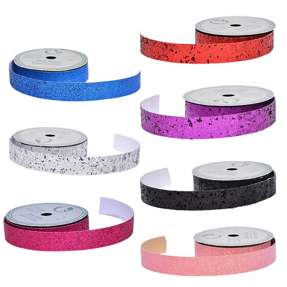 Floral Garden Chunky Glitter Ribbon Rolls, 5 ft, Assorted (7 pack)