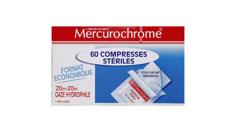 Mercurochrome Compresses stériles, gaze hydrophile, 20cm x 20cm La boîte de 60 compresses