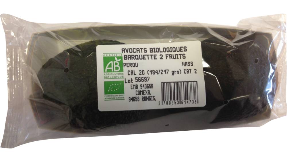 Avocats Hass, BIO, calibre 20, Pérou, barquette 2 fruits