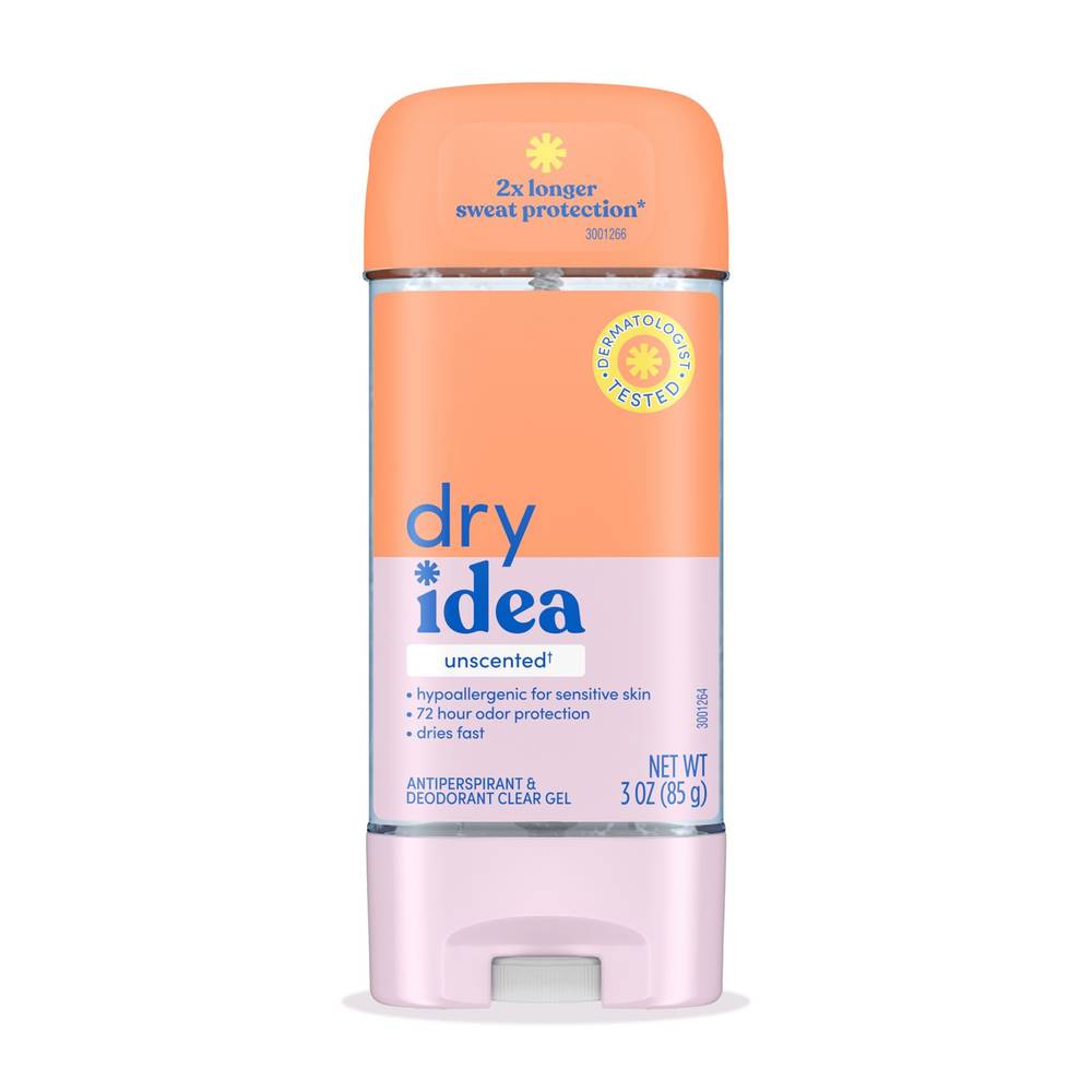 Dry Idea 72-Hour Hypoallergenic Clear Gel Antiperspirant & Deodorant Stick, Unscented, 3 Oz