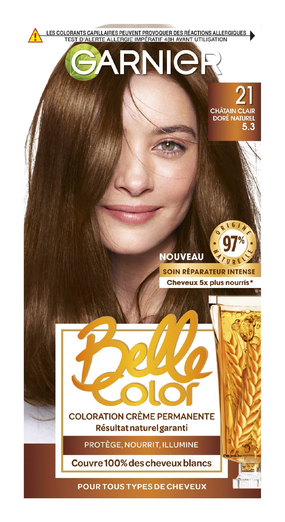 Garnier - Belle color coloration cheveux permanente 21 chatain clair doré naturel (195g)