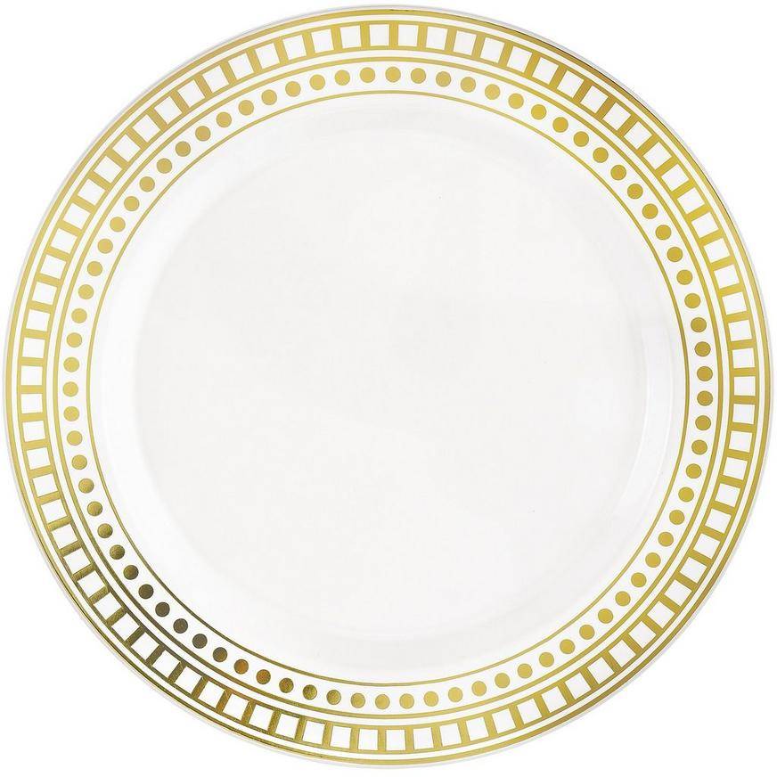 White With Gold Dot Square Patterned Rim Premium Plastic Dinner Plates, 10.25in, 20ct
