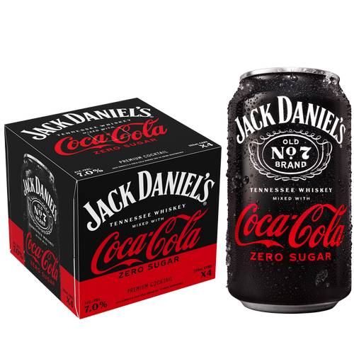 Jack Daniel's Tennessee Whiskey & Coca-Cola Zero Sugar Ready To Drink (4 pack, 16 fl oz)