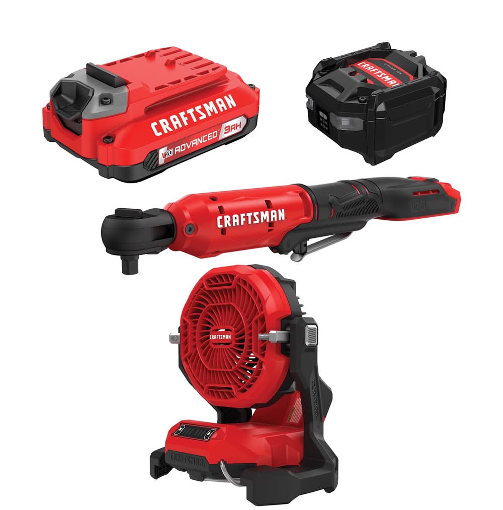 Craftsman V20 3Ah Adv Battery Kit With V20 Cordless Ratchet 1/2In With V20 Cordless Misting Fan