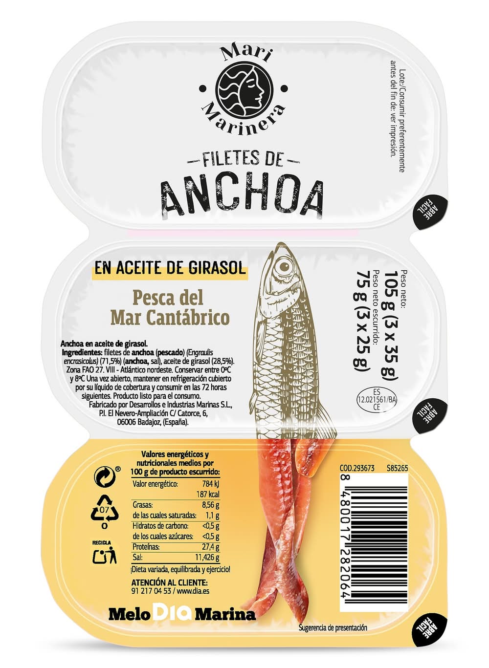 Filetes De Anchoa En Aceite De Girasol Dia Mari Marinera Pack 3 X 25 G
