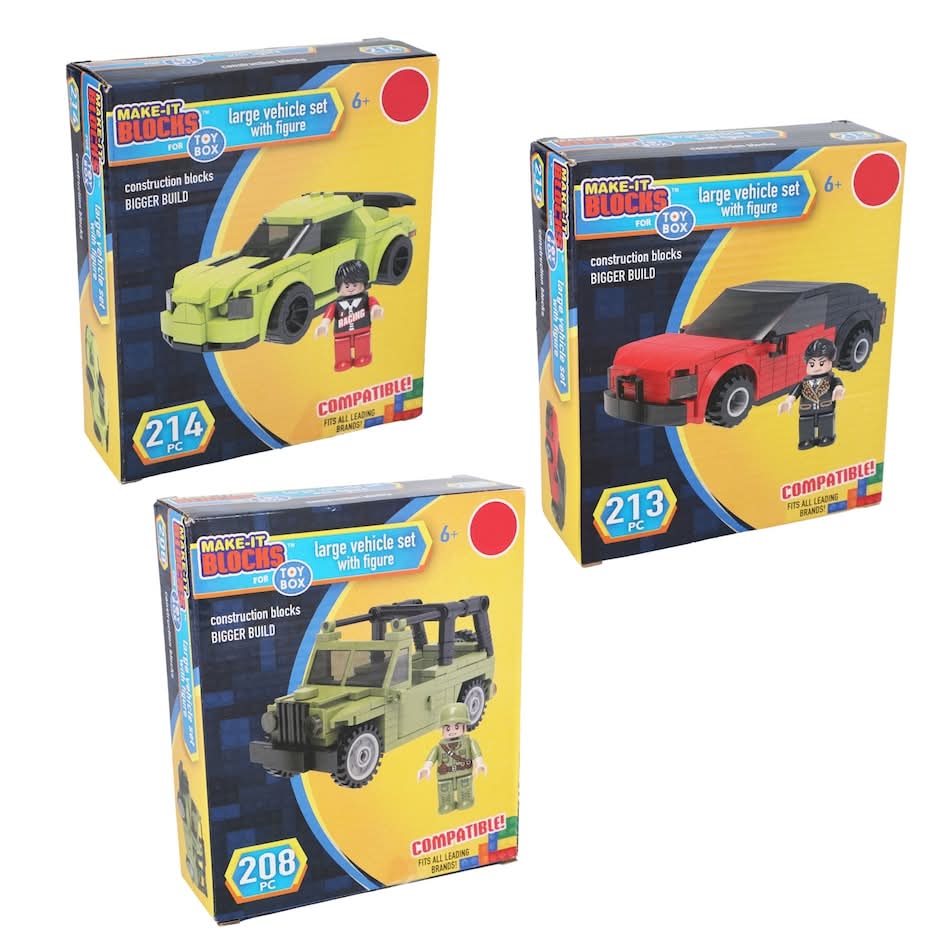 Make-It-Blocks Large Vehicle Set With Figurine, Assorted Cars, 214-pc, 213-pc, 208-pc Pack.