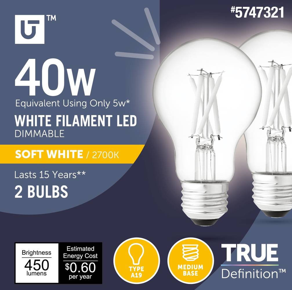 Utilitech LED light bulb 40-Watt EQ A19 Soft White E26 Dimmable LED General Purpose Light Bulb (2-Pack) | 2A19DG5WECL27K2P