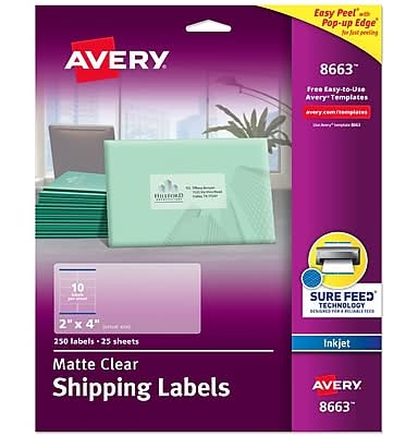 Avery Easy Peel Inkjet Shipping Labels, 2 x 4, Matte Clear, 250 Labels/Pack (8663)