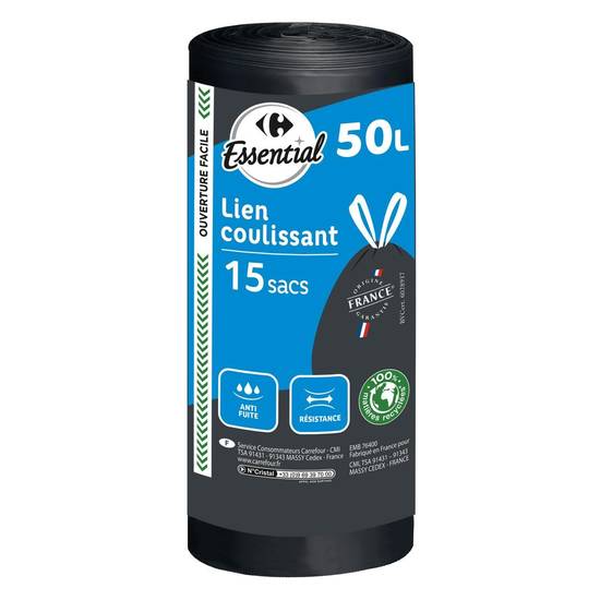Carrefour Essential - Sac poubelle à lien coulissant (15 pièces, 50l)