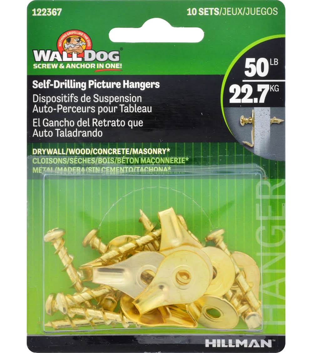 Hillman Wall Dog Brass-Plated Gold Self-Drilling Picture Hanger 50 Lb 2 Pk