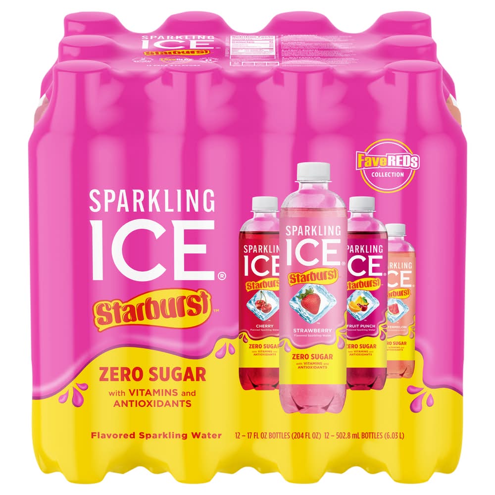 Sparkling Ice Starburst Zero Sugar Flavored Sparkling Water, Cherry-Strawberry-Fruit Punch-Watermelon (12 x 17 fl oz)