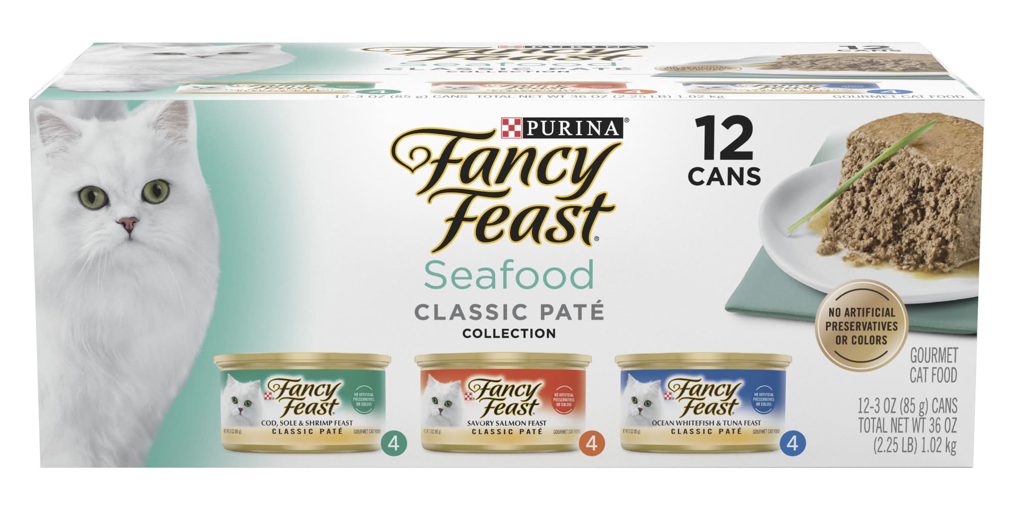 Purina Fancy Feast Seafood Classic Pate Collection Gourmet Wet Cat Food Variety pack, Cod Sole & Shrimp Feast-Savory Salmon Feast-Ocean Whitefish & Tuna Feast (12 x 3 oz)