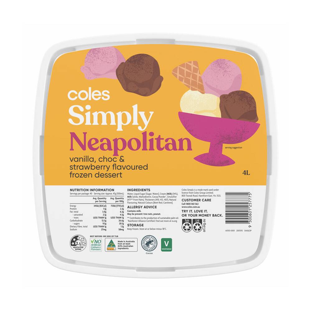 Coles Simply Neapolitan Ice Dessert 4L