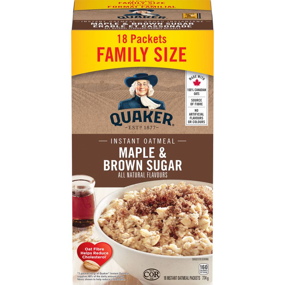 Quaker Family Size Maple & Brown Sugar Oatmeal (774 g, 18 ct)