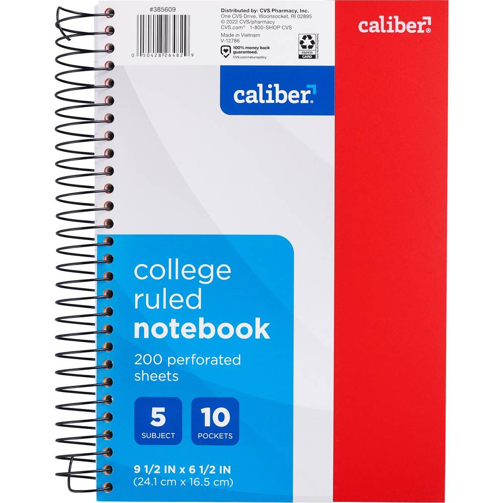 Caliber 5 Subject Notebook College Ruled, 9.5in x 6.5in, Assorted