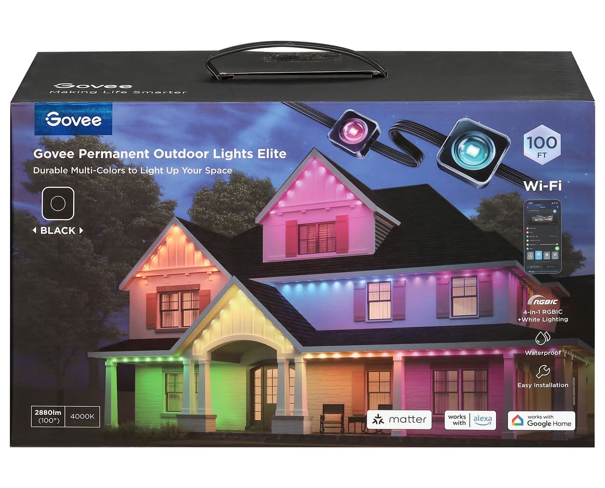 Govee Wi-Fi Outdoor Permanent Elite String Lights, 100 ft, Black