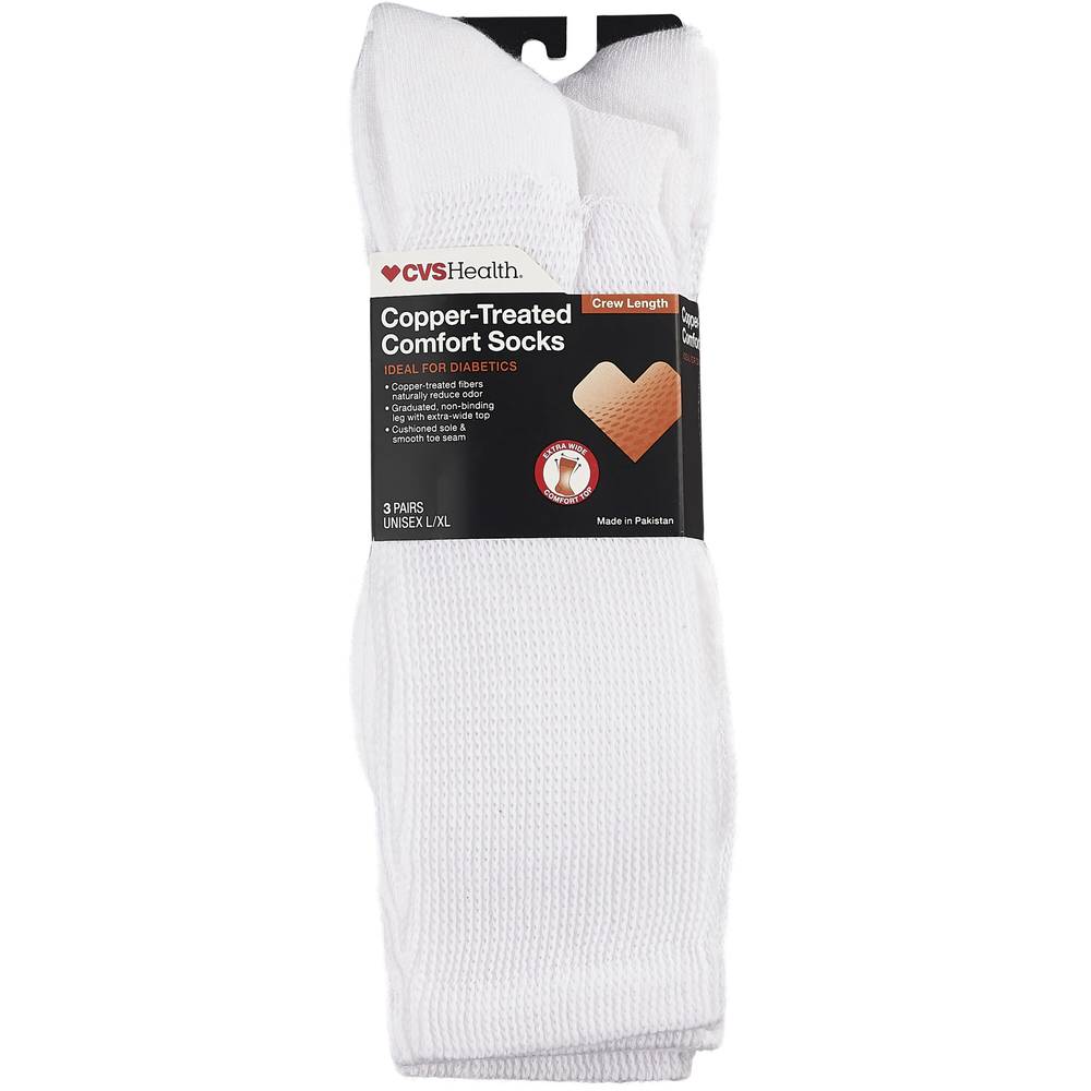 Cvs Health Copper-Infused Crew Comfort Socks Unisex, 3 Pairs, L/Xl, White