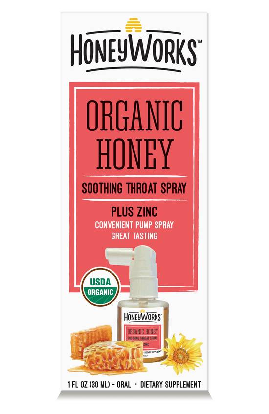 HoneyWorks Organic Honey Soothing Throat Spray with Zinc, 1 OZ