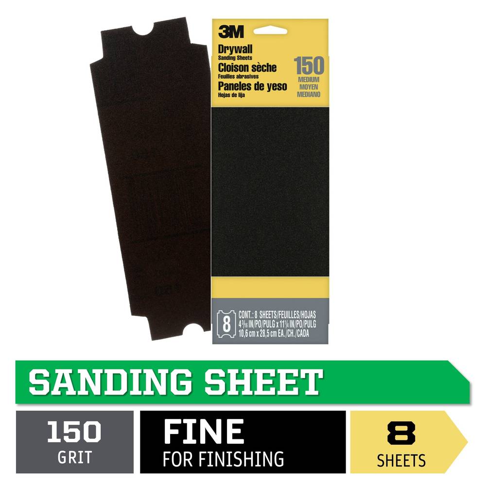 3M Fine 180-Grit Sheet Sandpaper 4.1875-in W x 11.25-in L 8-Pack | 9091P-8