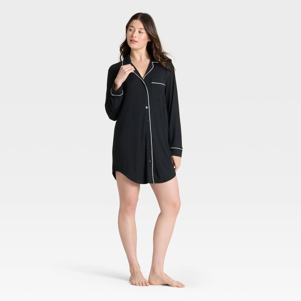 Auden Cloud Knit Modal Notch Collar Long Sleeve Nightgown, Women, XS, Black