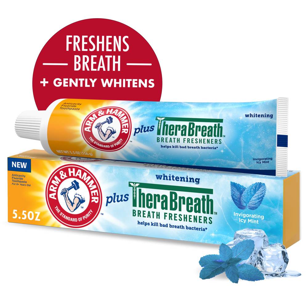 Arm & Hammer Whitening Toothpaste Plus Therabreath Invigorating Icy Mint Breath Fresheners (5.5 oz)