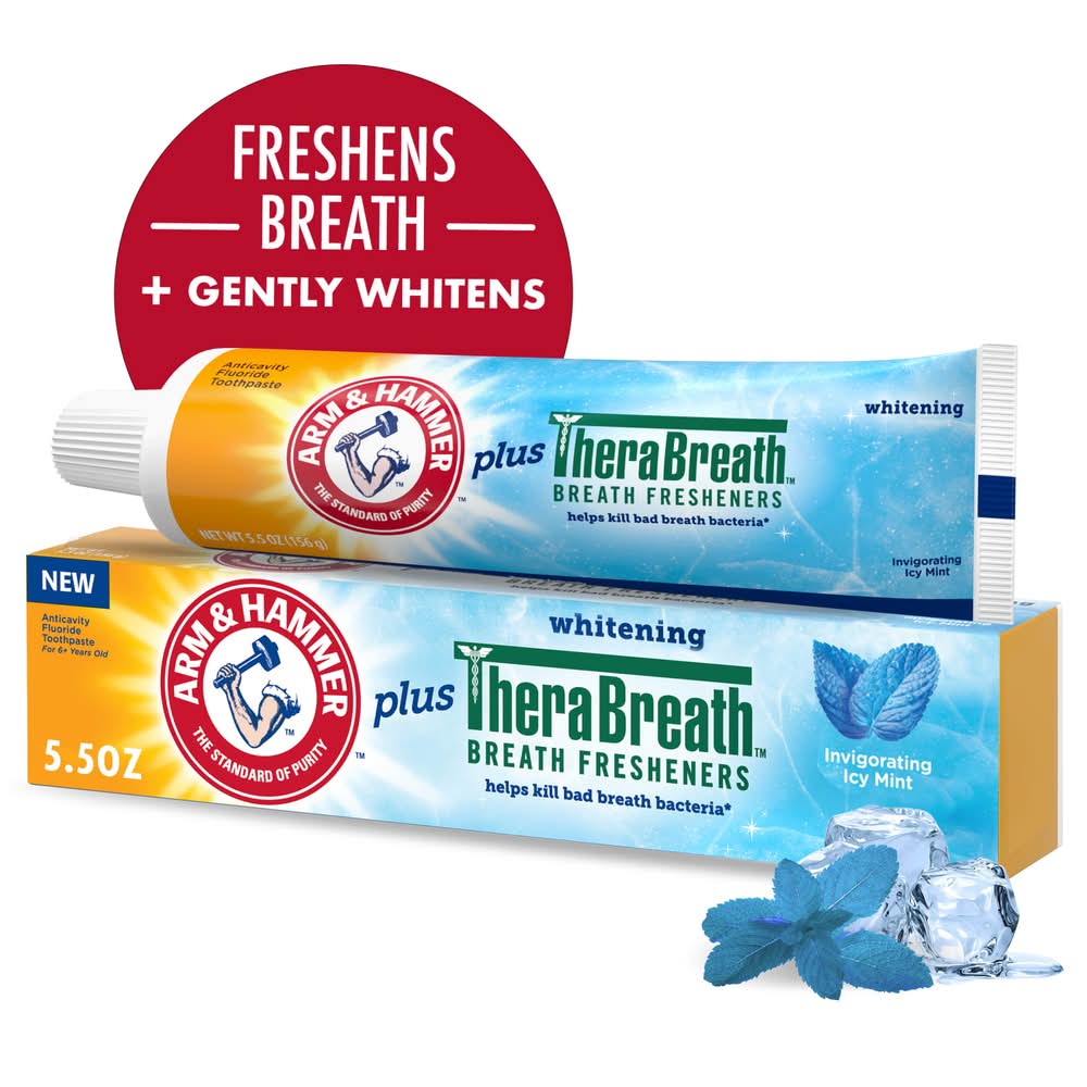 Arm & Hammer Toothpaste Plus Therabreath Breath Fresheners, Icy Mint (5.5 oz)